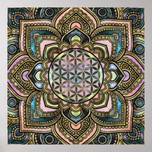 Poster Fleur de vie à Lotus - Marbre et or