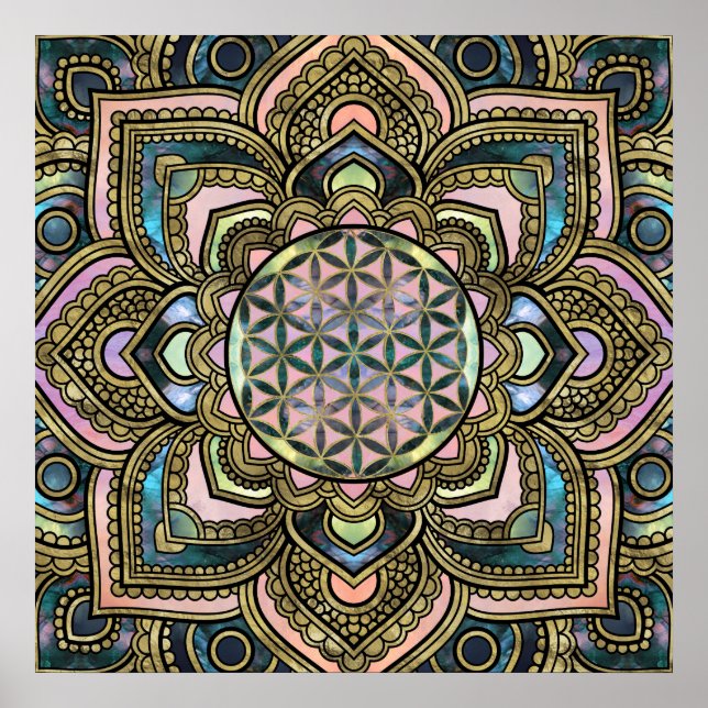 Poster Fleur de vie à Lotus - Marbre et or (Devant)