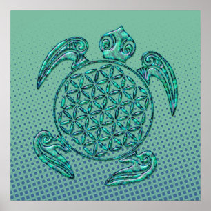 Poster Fleur de vie / Blume des Lebens tortue turquoise