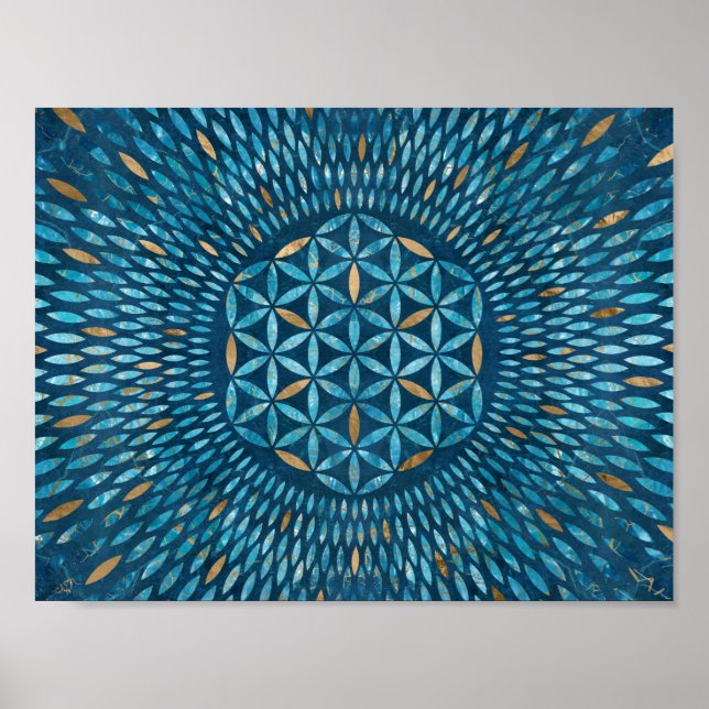 Poster Fleur de vie en pétales - Marbre bleu et or (Devant)