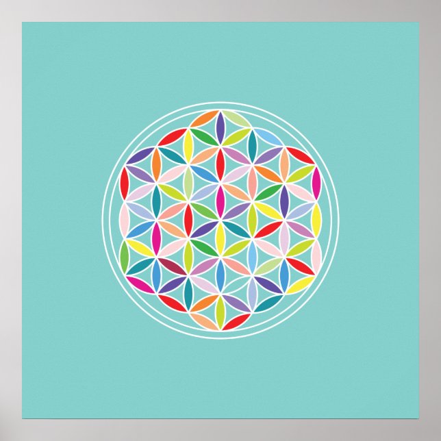 Poster Fleur de vie - Multicolore sur Bleu (Devant)