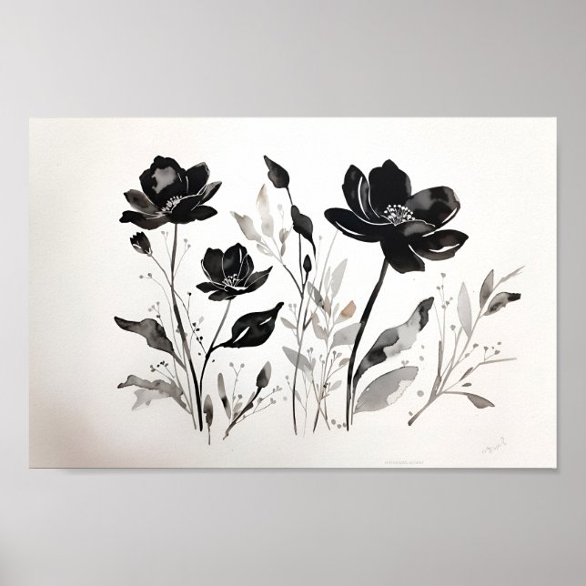Poster Fleur d'encre noire Aquarelle (Devant)