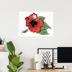 Poster Fleur d'Hibiscus Rouge Tropical avec Feuilles Vert