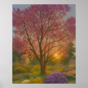Poster Fleur d'or - Peinture de jardin couché de soleil