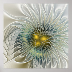 Poster Fleur Fantastique Argent Doré Art Fractal Abstrait