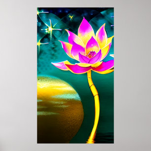 Poster Fleur Lotus d'or rose avec réflexion Pleine lune