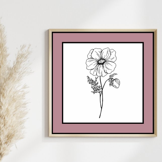 Poster Fleur minimale ligne noire Art Mauve Plum Bordure (Créateur téléchargé)