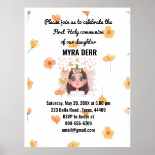 Poster Fleur orange Fille première sainte communion Invit