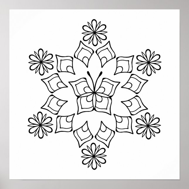 Poster Fleur papillon Mandala Coloration adulte (Devant)