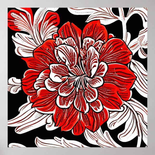 Poster Fleur rouge noir et blanc Art Nouveau (Devant)