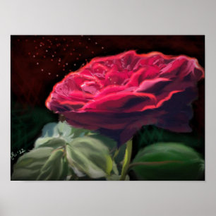 Poster Fleur Rouge Rose Vert Black Art Floral Fleurs