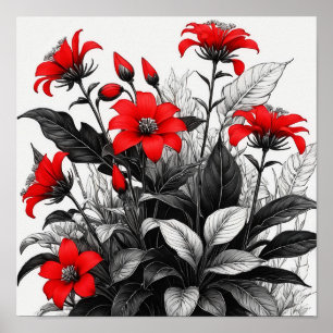 Poster Fleur rouge sur Plante noir blanc
