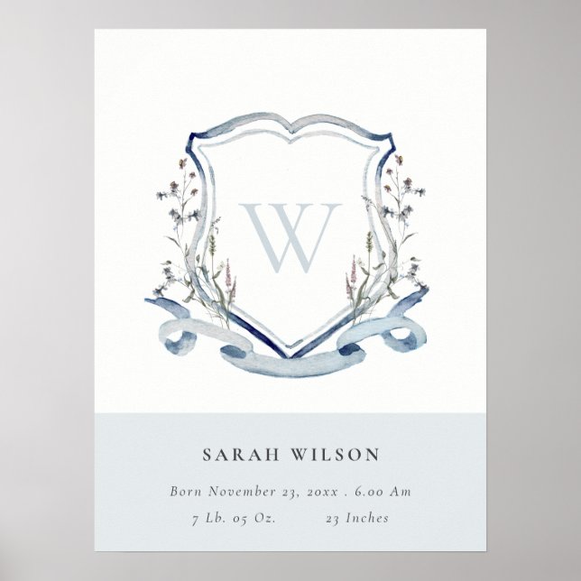Poster fleur sauvage bleu élégant Monogram Crest Birth St (Devant)