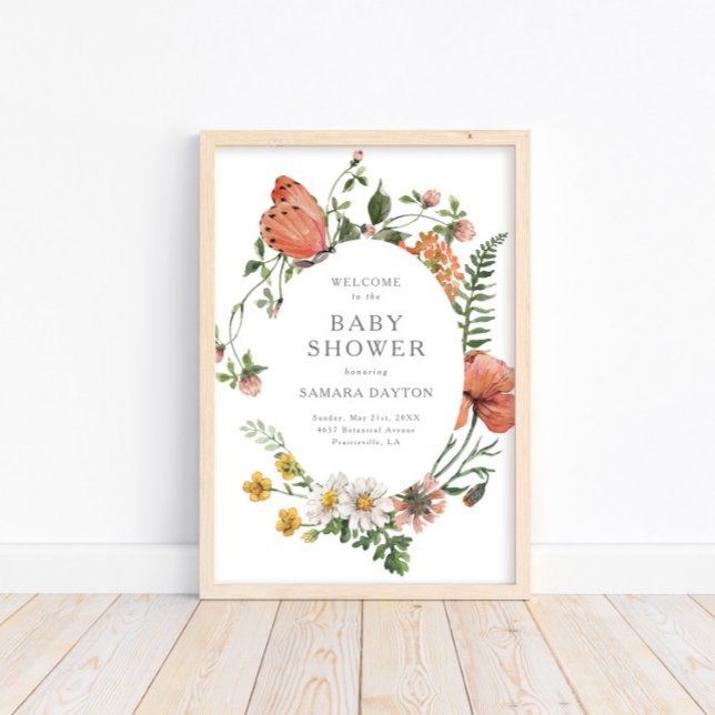 Poster Fleur sauvage Bohême Baby shower   de papillon Bie (Créateur téléchargé)