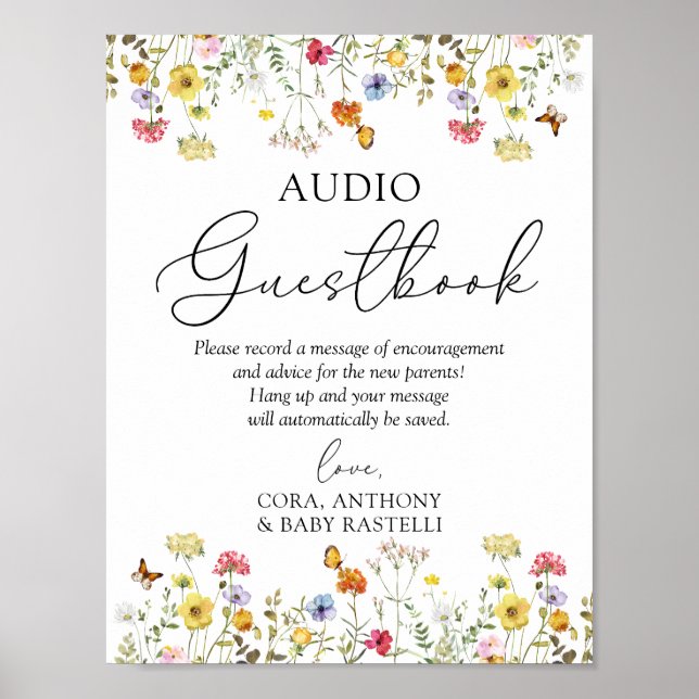 Poster Fleur sauvage Boho Baby shower Audio Guestbook Sig (Devant)