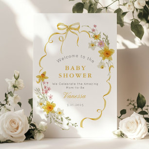 Poster Fleur sauvage Bow cadre Baby shower jaune Accueil