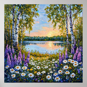 Poster 🌿 Fleur Sauvage Calme de Lac de Forêt de Bouleau