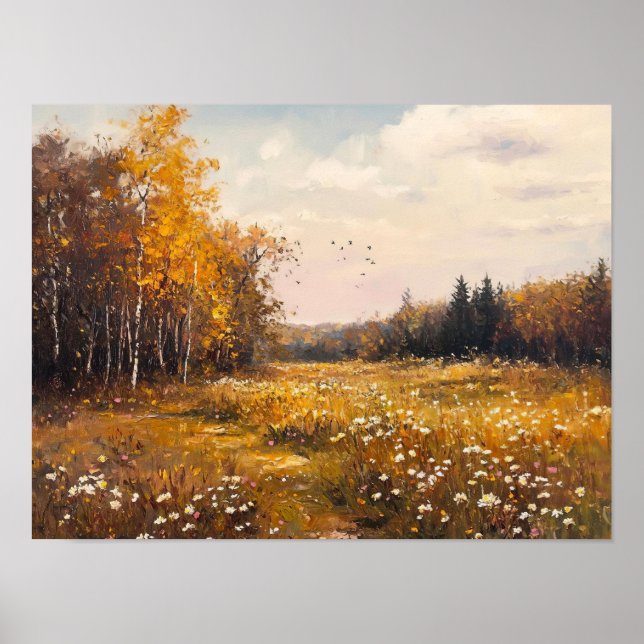 Poster Fleur sauvage d'automne peinture paysage de terrai (Devant)
