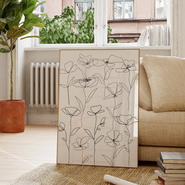 Poster Fleur sauvage de pavot noir et blanc minimal flora (In situ Living room)