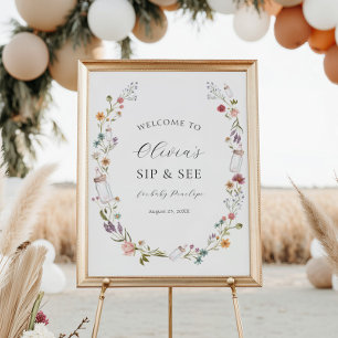 Poster Fleur sauvage et Bouteilles Bébé Sip et voir Bienv