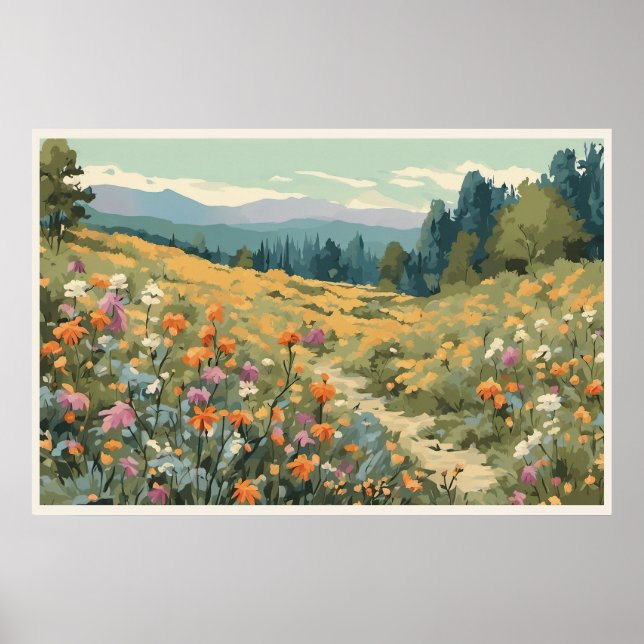 Poster Fleur sauvage Field Mountains Scène naturelle (Devant)