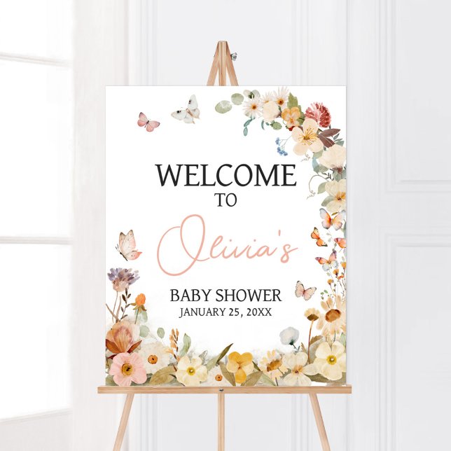 Poster Fleur sauvage Petit Papillon Baby shower Bienvenue (Little Butterfly Wildflower Baby Shower Welcome Sign)
