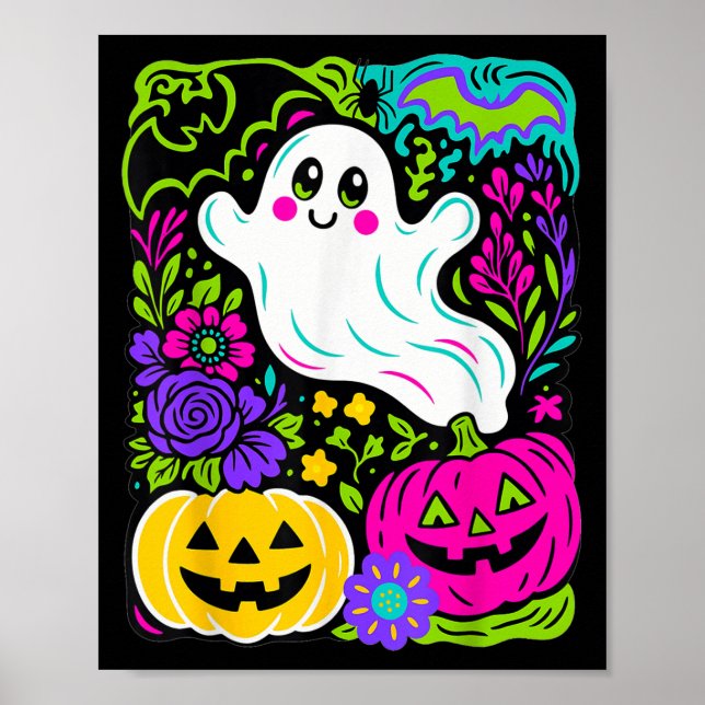 Poster Fleur sauvage rétro Boho Ghost Floral Halloween Cu (Devant)