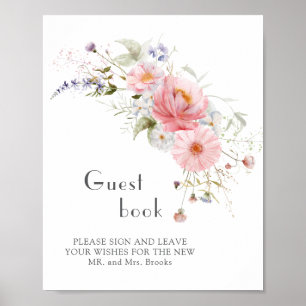Poster Fleur sauvage rose blanc Mariage livre d'hôte