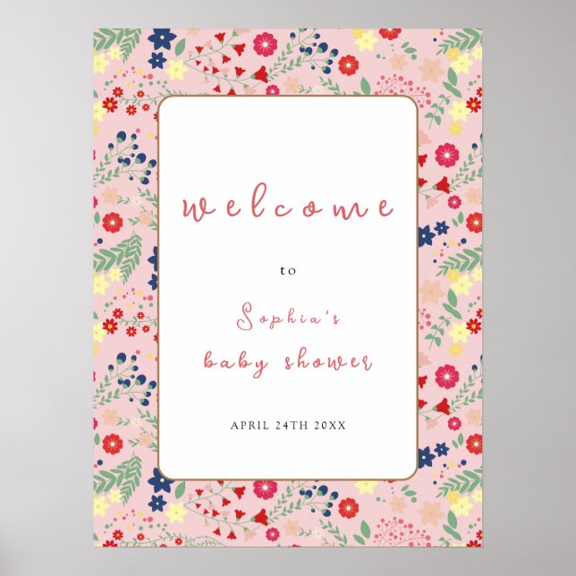 Poster Fleur sauvage rose  cadre Baby shower fille accuei (Devant)