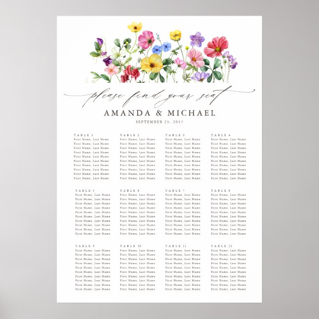 Poster Fleur sauvage Rustic Floral Mariage Carte de siège (Devant)