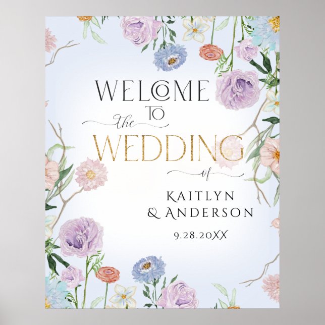Poster Fleur sauvage Sky Blue Floral Bienvenue Mariage (Devant)