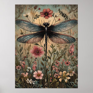 Poster Fleur sauvage vintage Dragonfly Floral Cottagecore