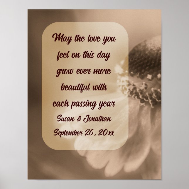 Poster Fleur Sepia Zinnia Mariage personnalisé (Devant)