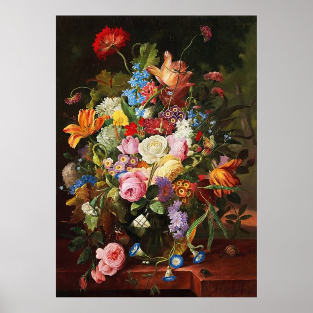 Poster Fleur Vie Encore Des Tulipes Roses Et L'Oeillette (Devant)