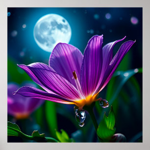 Poster Fleur violette illuminée par la lumière de la lune