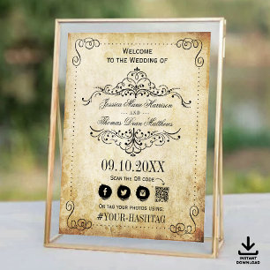 Poster Fleurissement Orné Mariage Vintage de Bienvenue