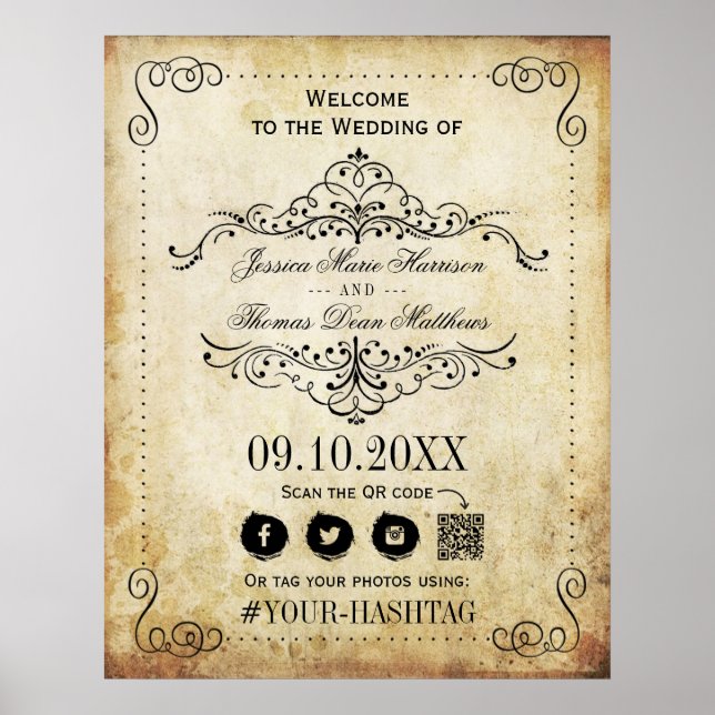 Poster Fleurissement Orné Mariage Vintage de Bienvenue (Devant)