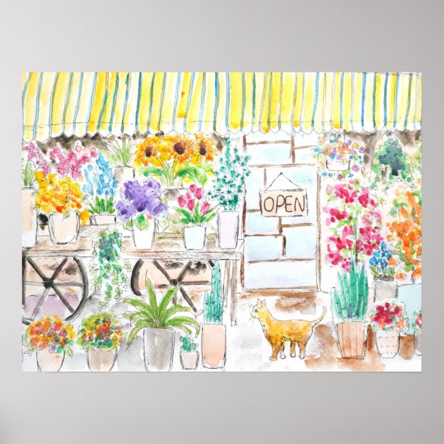 Poster fleuriste et encre de chat et aquarelle (Devant)