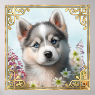 Poster Fleurs à l'aquarelle et chiot husky sibérien