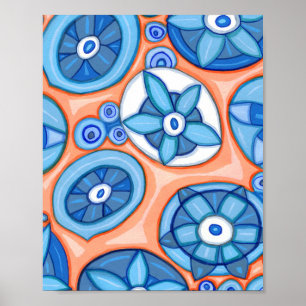 Poster Fleurs Abstraites bleues et orange Peinture origin
