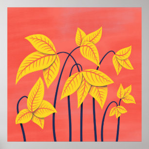 Poster Fleurs Abstraites Coral Jaune Floral Art géométriq