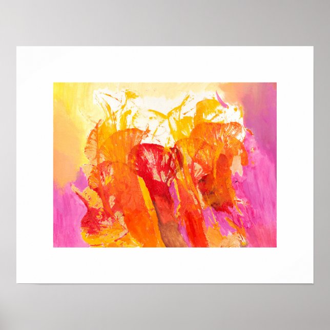 Poster Fleurs Abstraites en rose, Tangerine et Or (Devant)