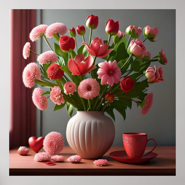 Poster fleurs amour valentines jour bouquets rouge rose (Devant)