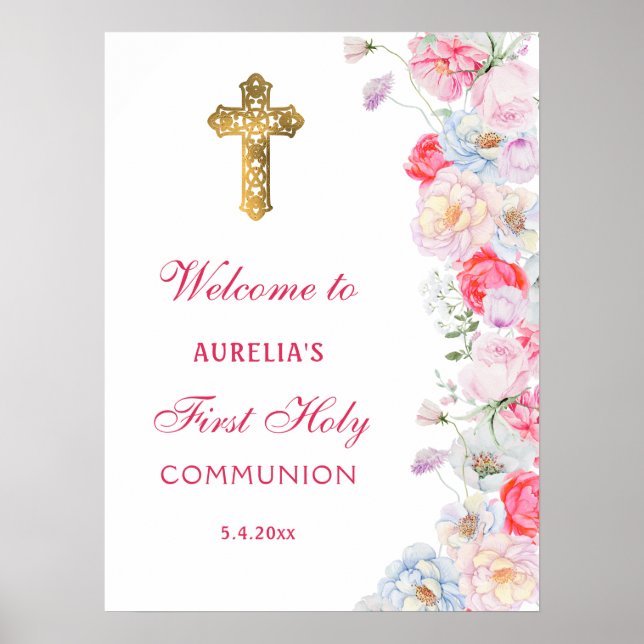 Poster Fleurs aquarelles Accueil Première communion (Devant)