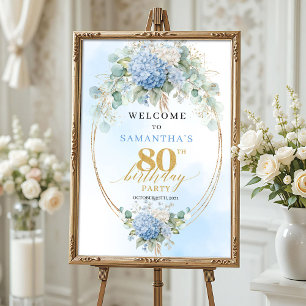 Poster Fleurs aquarelles bleues poussiéreuses or 80e anni