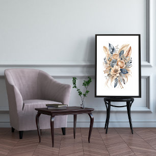 Poster Fleurs aquarelles boho bleu beige poussiéreux