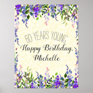 Poster Fleurs aquarelles violettes Jaune 60e Anniversaire