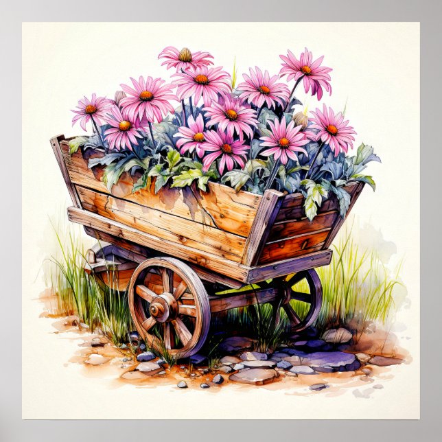 Poster Fleurs Aster Rétro Dans Un Wagon En Bois (Devant)