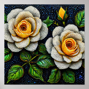 Poster Fleurs blanches Art minimal pointillisme décor
