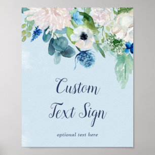 Poster Fleurs blanches classiques Baby shower bleu Texte